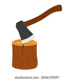 Camping axe in wood log vector illustration. Flat-style digital drawing of a chopping axe stuck in a wooden stump, symbolizing firewood preparation and outdoor survival. Perfect for camping gear 