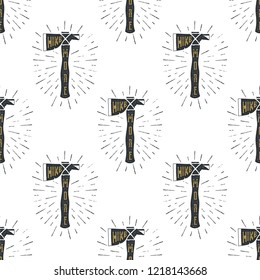 Camping axes cross pattern. Lumberjack equipment seamless. Hike more text inside. Stock Vector wallpaper illustration.