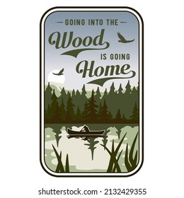 Camping background for adventure, wanderlust or explorer outdoor. Nature design with forest, lake and mountain for fishing