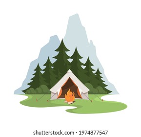 Camping background. Landscape with mountain campfire and protection tent for travellers family vacation in national park garish vector cartoon illustration