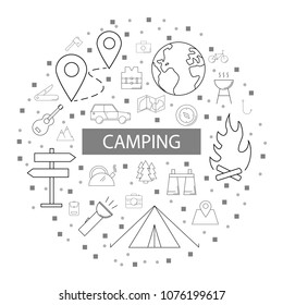 Camping  background from line icon. Linear vector pattern