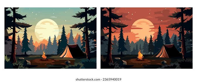 Camping de fondo por la mañana y por la noche. Hay una tienda en el bosque y se quema un fuego. Ilustración vectorial al estilo de las caricaturas.