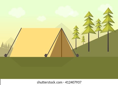 Camping Background with Mountains, Trees and Tent. Flat Design Style. 