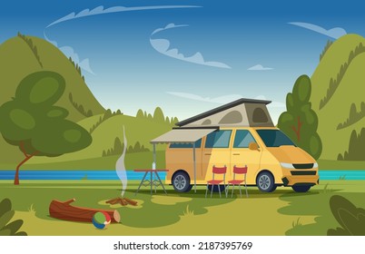 Camping background. Outdoor activity and relax time travel adventures forest campfire place and tent. Exact vector cartoon illustration