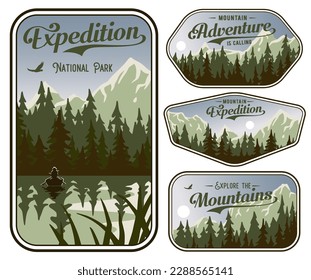Camping background set for adventure, wanderlust or explorer outdoor. Nature design with forest and mountain