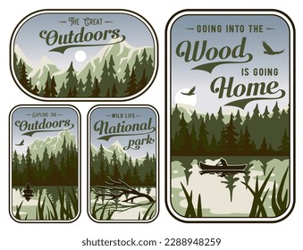 Camping background set for adventure, wanderlust or explorer outdoor. Nature design with forest and mountain