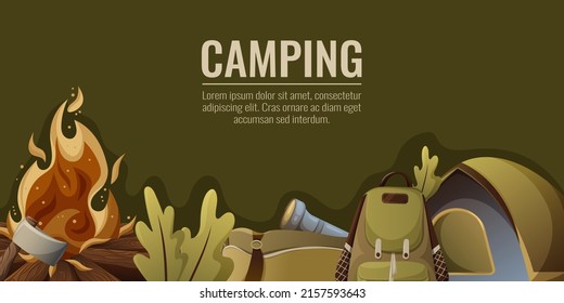 Camping background with space for text. Vector illustration with tent, flashlight, mat, oak leaves, axe, travel backpack and bonfire for banner, poster, website design, social media