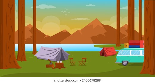 Un fondo de camping de la categoría de fondo de verano, vector plano 