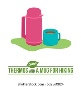 Camping background with tourist thermos and a mu for hiking outdoor vector flat icon. Web graphics, banners, advertisements, brochures, business templates. Isolated on a white background