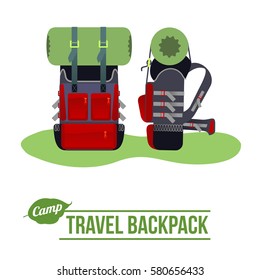 Camping background with travel backpack outdoor vector flat icon. Web graphics, banners, advertisements, brochures, business templates. Isolated on a white background