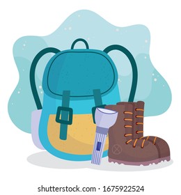 Camping-Rucksack-Stiefel und Blitzlichtgeräte, Cartoon-Vektorillustration