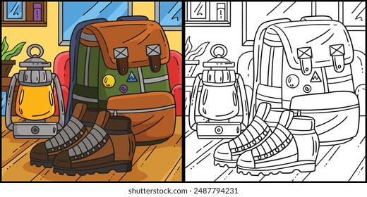 Camping Backpack, Boots and Lamp Illustration