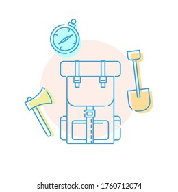 Camping backpack with compass axe and shovel vector icon outline.