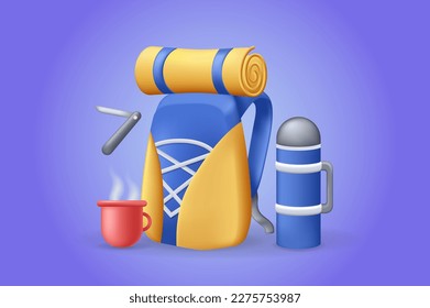 Camping Rucksack Konzept 3D Illustration. Ikone Zusammensetzung mit touristischen Tasche, Matte, Tasse, Messer und Thermos. Outdoor ruhen auf Wald und Berge wandern. Vektorgrafik für modernes Webdesign