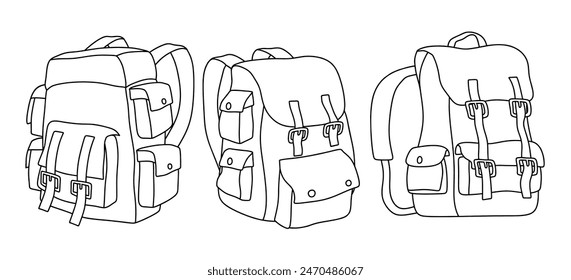 Camping backpack doodle icon hand drawing set vector illustration