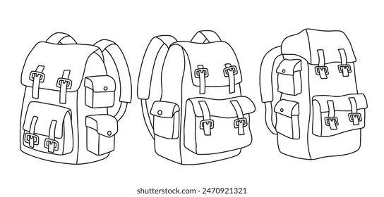 Camping backpack doodle icon hand drawing set vector illustration