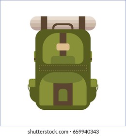 Camping backpack in flat design. Backpack for fishing on isolated white background