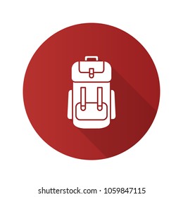 Camping backpack flat design long shadow glyph icon. Rucksack, knapsack. Vector silhouette illustration