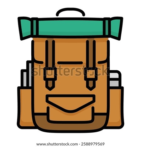 Camping Backpack flat icon, representing hiking gear, outdoor adventures, and trekking essentials, vector symbol with editable stroke and colour