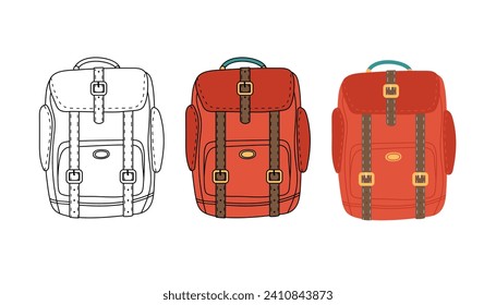 Camping Backpack. Flat and lineart vector illustration for travel, nikes, trips tourism, voyage or vacation isolated on white background. Sports or camping bag. Model with pockets and belts