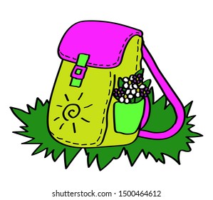 Camping backpack with flowers on a white background. Vector illustration.