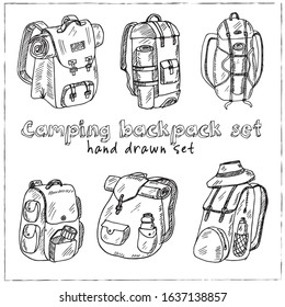 Camping backpack hand drawn doodle set. Vector illustration. Isolated elements on white background. Symbol collection.