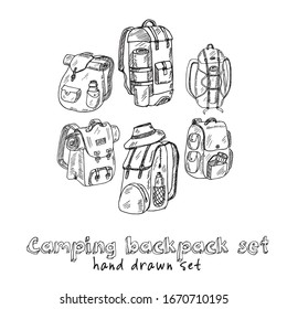 Camping backpack hand drawn doodle set. Vector illustration. Isolated elements on white background. Symbol collection.