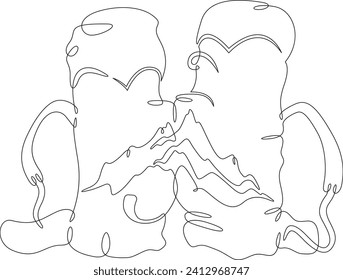 Camping backpack. High peak. Mountain landscape.Double exposure. Picture in picture.Continuous one line drawing. Lineart vector illustration.