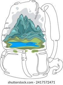 Camping backpack. High peak. Mountain landscape.Double exposure. Picture in picture.Continuous one line drawing. Linear color flat vector illustration.