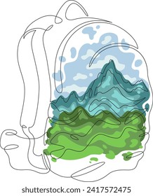 Camping backpack. High peak. Mountain landscape.Double exposure. Picture in picture.Continuous one line drawing. Linear color flat vector illustration.