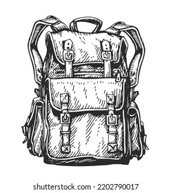 Camping Backpack, Hiking Luggage Sketch. Travel Knapsack. Camp Hike Bag. Wanderlust Concept Vintage Vector Illustration