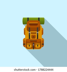 Camping backpack icon for hiking, travel and tourism on blue background with long shadow. Backpack for camp gears, mats, sleeping bags and etc. Vector illustration