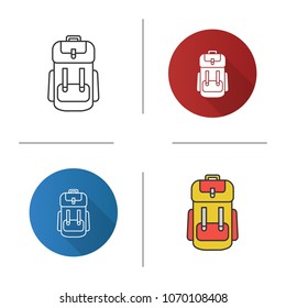 Camping backpack icon. Rucksack, knapsack. Flat design, linear and color styles. Isolated vector illustrations