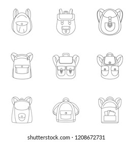 Camping backpack icon set. Outline set of 9 camping backpack vector icons for web design isolated on white background