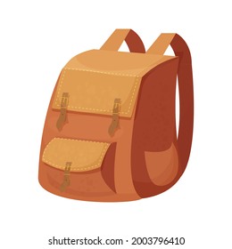 Camping backpack, knapsack in cartoon style isolated on white background. Bag for activity, retro accessory. Casual equipment.