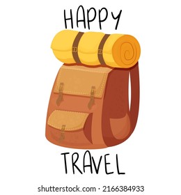 Camping backpack, knapsack sticker with text Happy Travel in cartoon style isolated on white background. Bag for activity, retro accessory. Casual equipment.