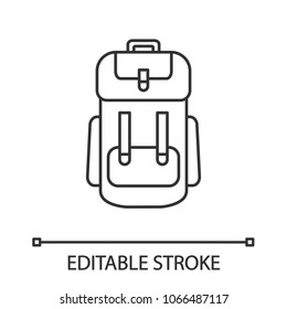 Camping backpack linear icon. Thin line illustration. Rucksack, knapsack. Contour symbol. Vector isolated outline drawing. Editable stroke