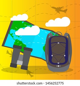 Camping backpack, map and binoculars. Travel and tourism - Vector
