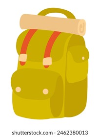 Camping backpack with mat in flat design. Hiking tourist equipment. Vector illustration isolated.