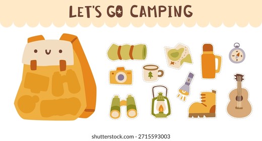 Camping backpack mini game for kids. Cute cartoon camp game for children.
