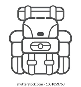 Camping backpack in modern line art. Attribute of traveller and tourist. Forest equipment. Vector illustration