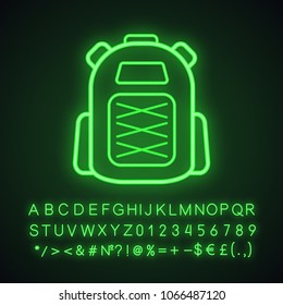Camping backpack neon light icon. Rucksack, knapsack. Glowing sign with alphabet, numbers and symbols. Vector isolated illustration