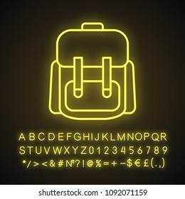 Camping backpack neon light icon. Rucksack, knapsack. Glowing sign with alphabet, numbers and symbols. Vector isolated illustration