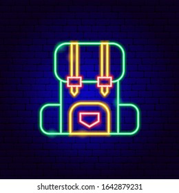 Camping Rucksack Neon Unterschreiben. Vektorillustration Illustration der Außenwerbung.