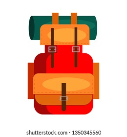 Camping backpack. Rucksack, equipment, roll mat. Vector illustration can be used for topics like trekking, expedition, adventure tourism
