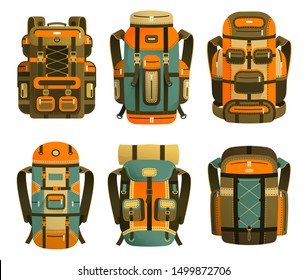 Camping backpack set - different design options. Colorful tourist backpacks on a white background. Vector illustration.