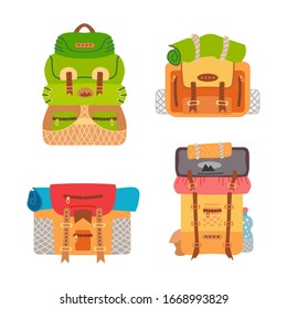 Camping backpack set. Vector illustration of camping equipment. Travel bags and backpacks. Camp and hike knapsack or rucksack isolated on white background.