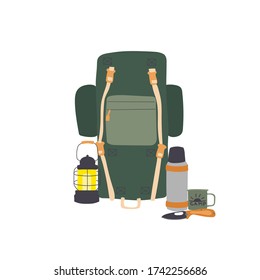 camping backpack, thermos, knife composition of tourist items. camping and hiking concept. picnic during outdoor activities in the forest. flat vector illustration