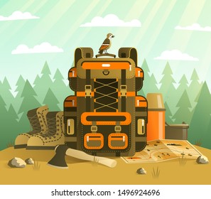 Camping backpack and tourist stuff - concept on the forest background. Go Everywhere. Tourist backpack in detailed flat style. Vector illustration.