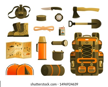 Camping Backpack And Tourist's Survival Kit. Tourist Back Pack Items - A Set Of Vector Icons.